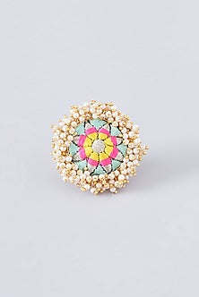 Matte Gold Finish Multi-Colored Thread Embroidered Ring