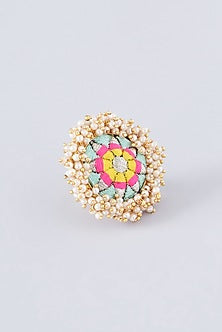 Matte Gold Finish Multi-Colored Thread Embroidered Ring