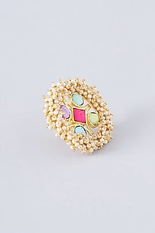 Matte Gold Finish Multi-Colored Thread Embroidered Ring