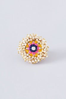 Matte Gold Finish Multi-Colored Thread Embroidered & Pearl Ring
