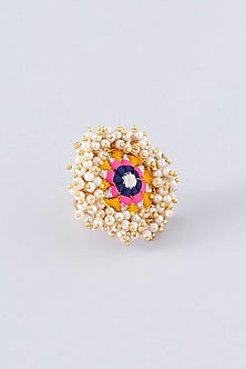 Matte Gold Finish Multi-Colored Thread Embroidered & Pearl Ring