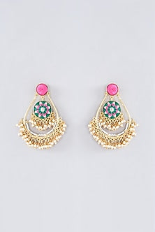 Matte Gold Finish Bottle Green Thread Embroidered Chandbali Earrings