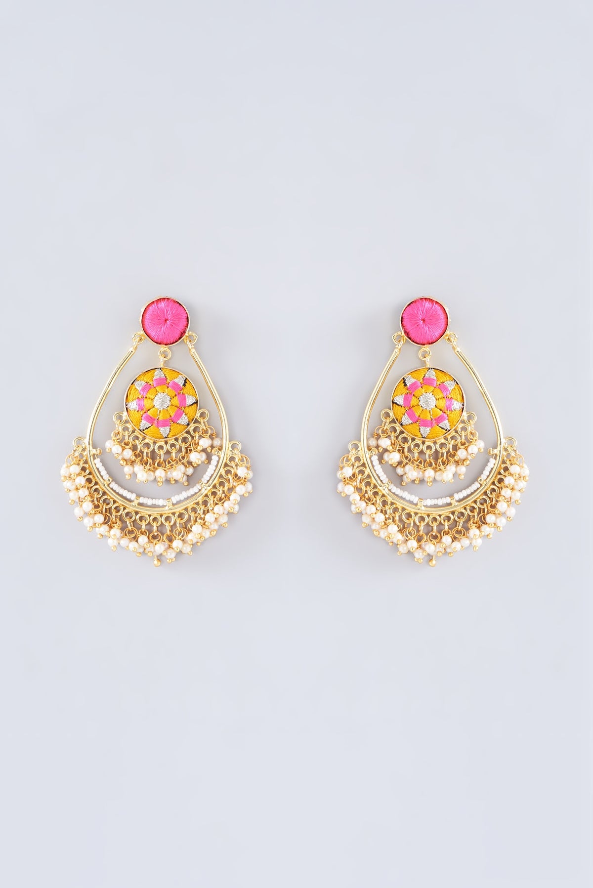 Matte Gold Finish Marigold Yellow Thread Embroidered Chandbali Earrings