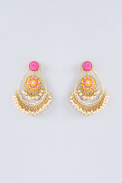 Matte Gold Finish Marigold Yellow Thread Embroidered Chandbali Earrings
