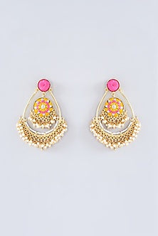 Matte Gold Finish Marigold Yellow Thread Embroidered Chandbali Earrings
