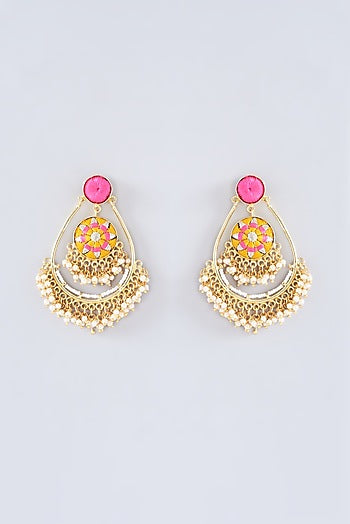 Matte Gold Finish Marigold Yellow Thread Embroidered Chandbali Earrings