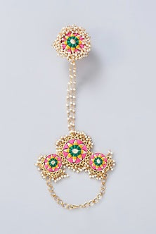 Matte Gold Finish Multi-Colored Thread Embroidered Hand Harness