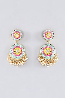 Matte Gold Finish Powder Blue Thread Embroidered Dangler Earrings