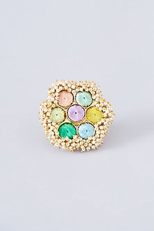Matte Gold Finish Multi-Colored Thread Embroidered & Pearl Ring