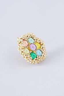 Matte Gold Finish Multi-Colored Thread Embroidered & Pearl Ring