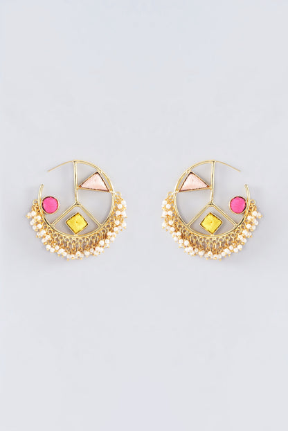 Matte Gold Finish Multi-Colored Thread Embroidered Hoop Earrings