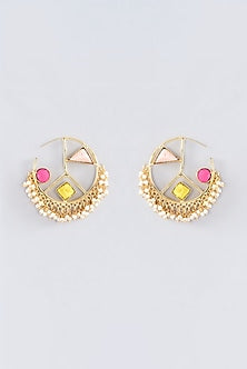 Matte Gold Finish Multi-Colored Thread Embroidered Hoop Earrings