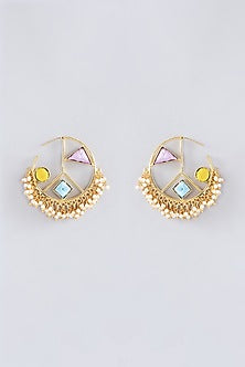 Matte Gold Finish Multi-Colored Thread Embroidered & Pearl Hoop Earrings