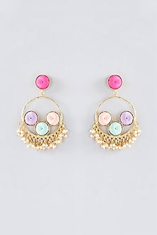 Matte Gold Finish Multi-Colored Thread Embroidered & Pearl Chandbali Earrings