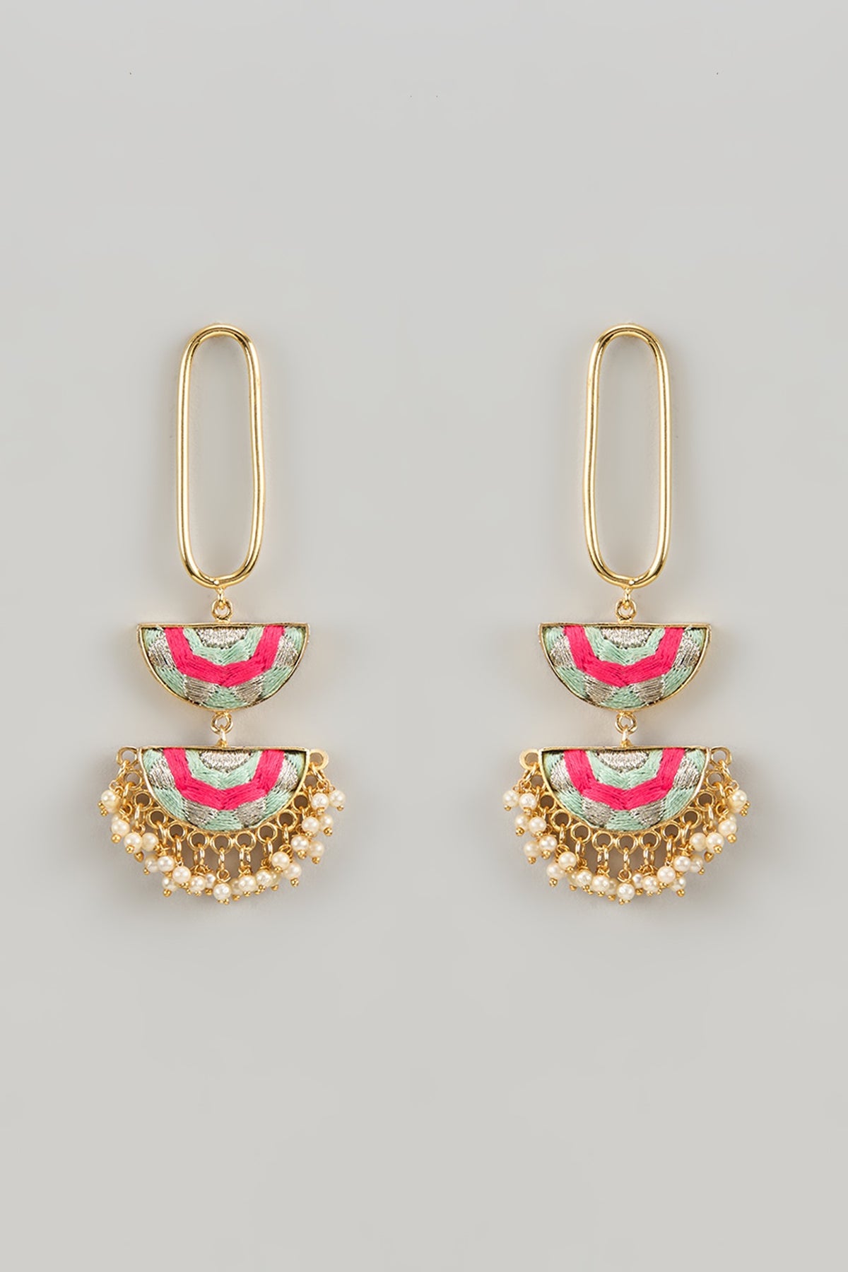 Matte Gold Finish Multi-Colored Silk Thread Embroidered Dangler Earrings