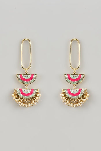 Matte Gold Finish Multi-Colored Silk Thread Embroidered Dangler Earrings