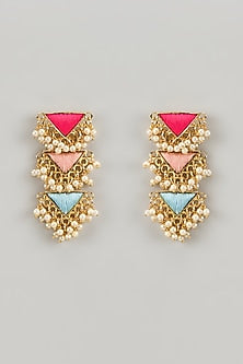 Matte Gold Finish Silk Thread & Pearl Embellished Triangular Dangler Earrings