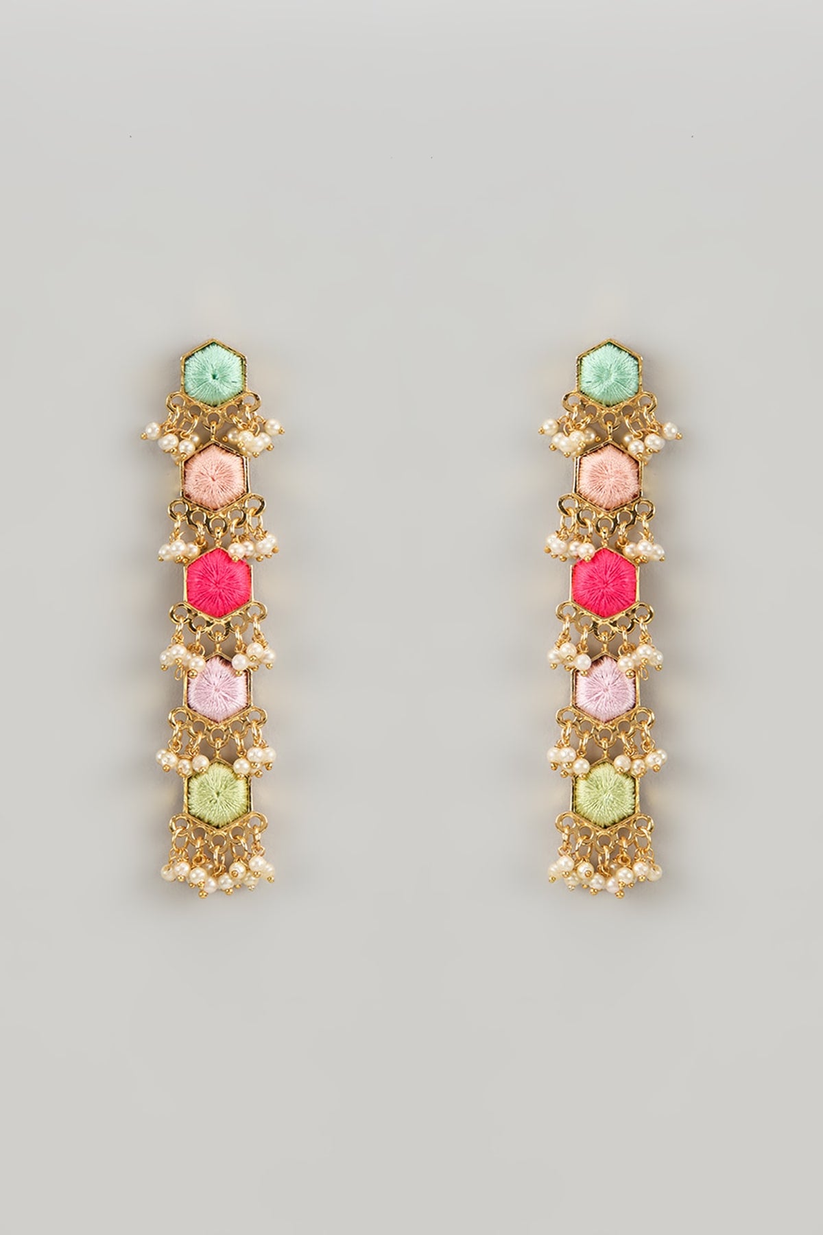 Matte Gold Finish Silk Multi-Colored Embroidered Dangler Earrings