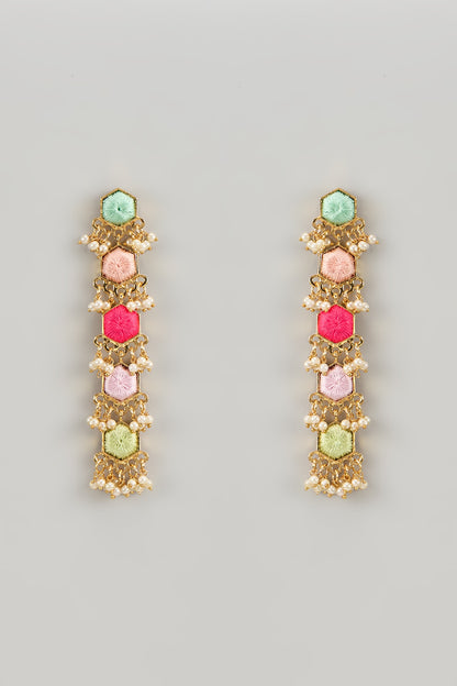 Matte Gold Finish Silk Multi-Colored Embroidered Dangler Earrings