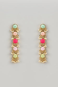 Matte Gold Finish Silk Multi-Colored Embroidered Dangler Earrings