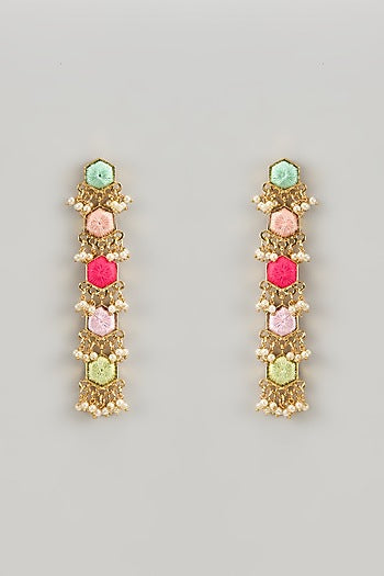 Matte Gold Finish Silk Multi-Colored Embroidered Dangler Earrings