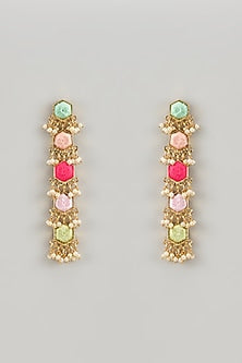 Matte Gold Finish Silk Multi-Colored Embroidered Dangler Earrings