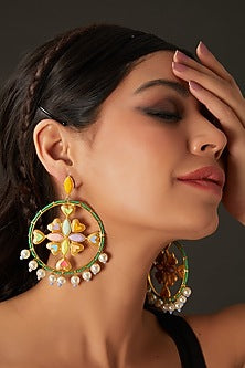 Gold Finish Multi-Colored Bead & Crystal Enameled Dangler Earrings