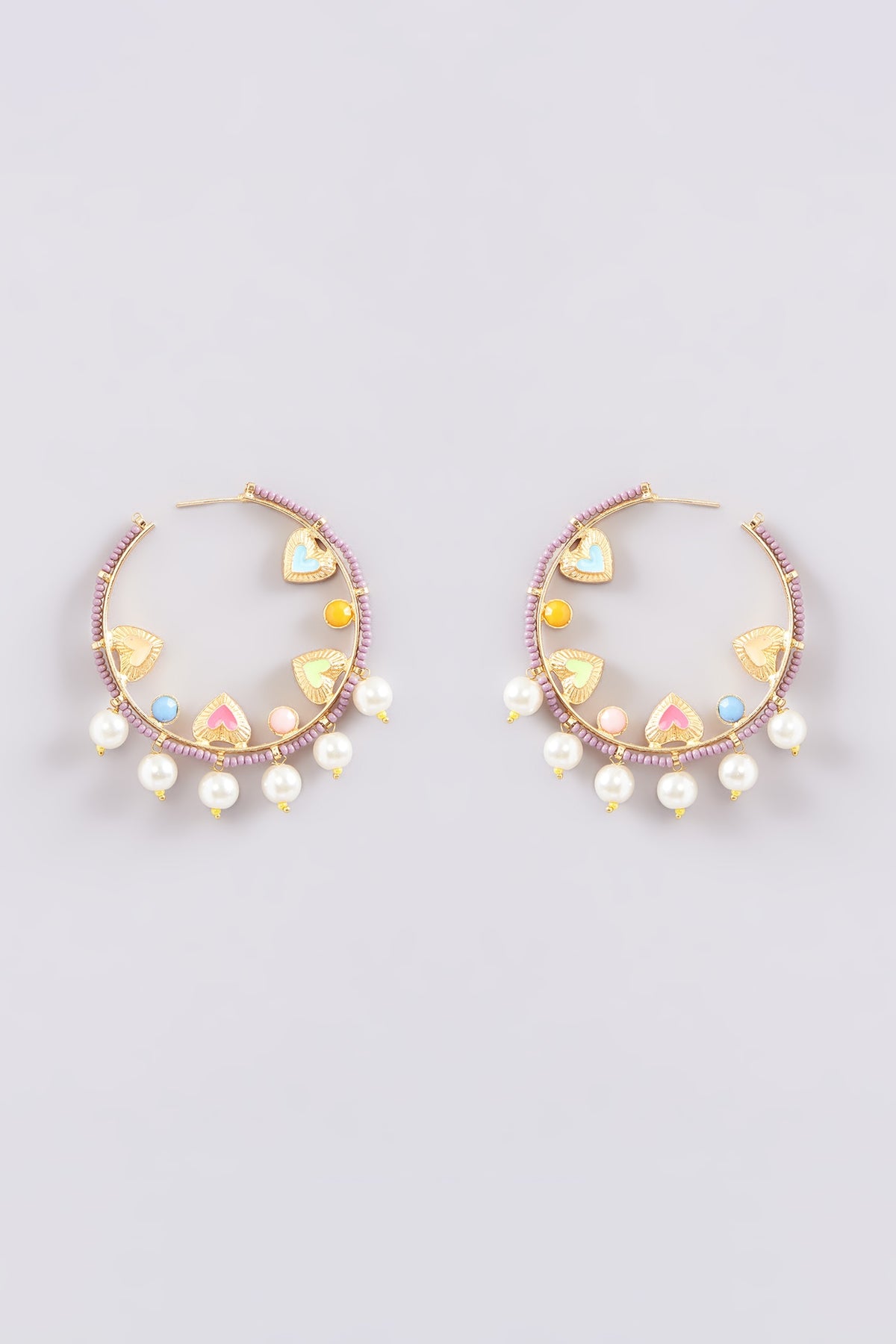 Gold Finish Multi-Colored Bead & Crystal Enameled Hoop Earrings