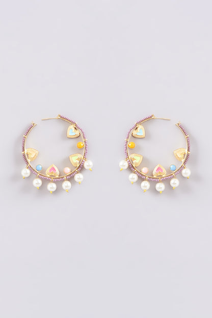 Gold Finish Multi-Colored Bead & Crystal Enameled Hoop Earrings