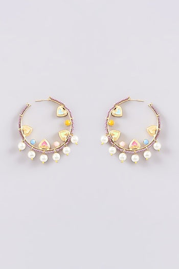 Gold Finish Multi-Colored Bead & Crystal Enameled Hoop Earrings