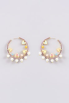 Gold Finish Multi-Colored Bead & Crystal Enameled Hoop Earrings