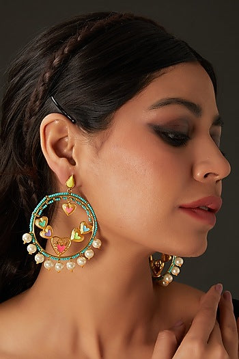 Gold Finish Multi-Colored Bead & Crystal Enameled Dangler Earrings