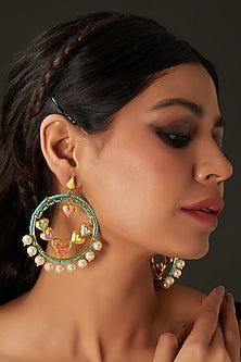 Gold Finish Multi-Colored Bead & Crystal Enameled Dangler Earrings