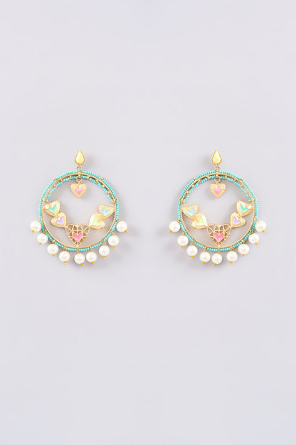 Gold Finish Multi-Colored Bead & Crystal Enameled Dangler Earrings