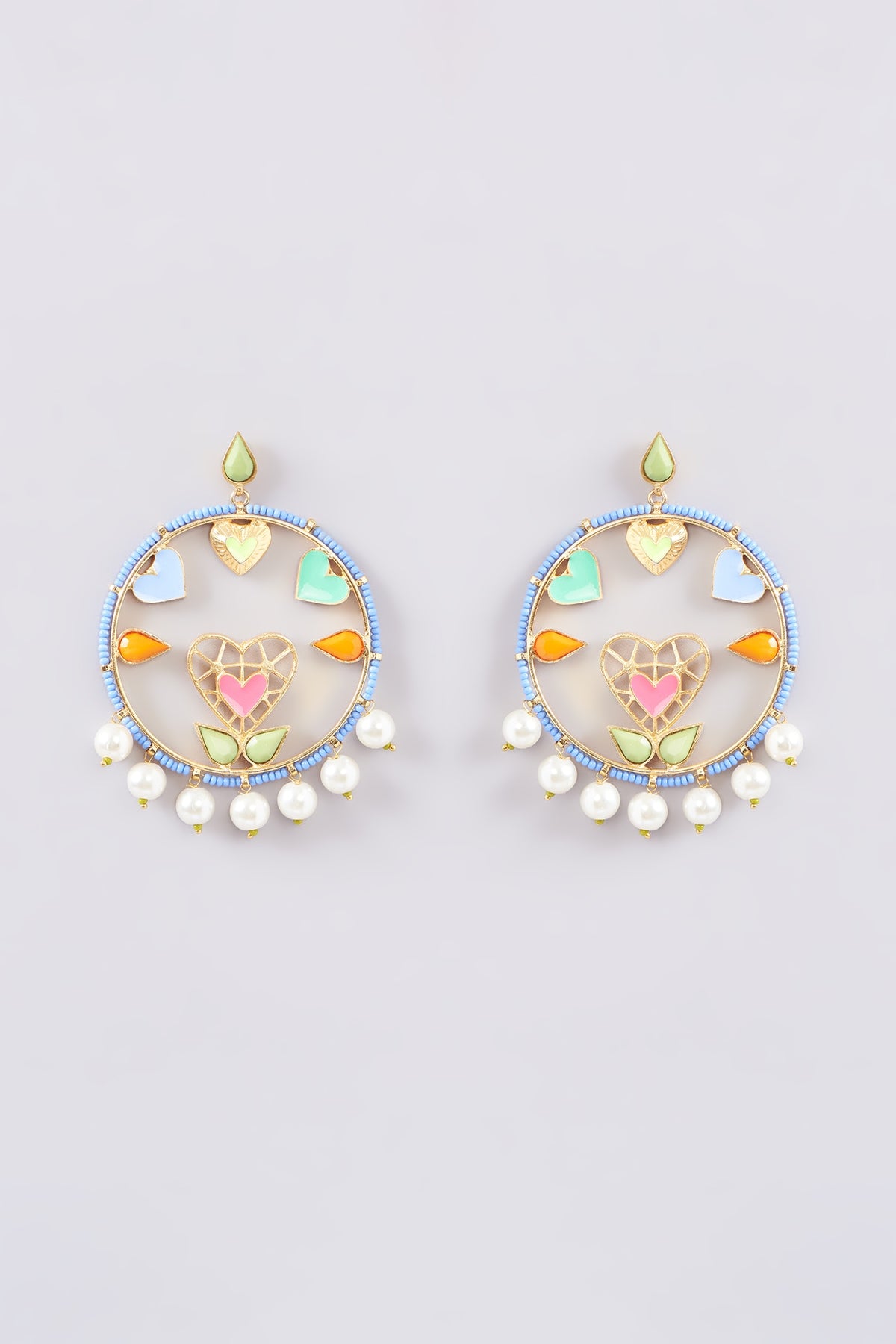 Gold Finish Multi-Colored Bead & Crystal Enameled Dangler Earrings