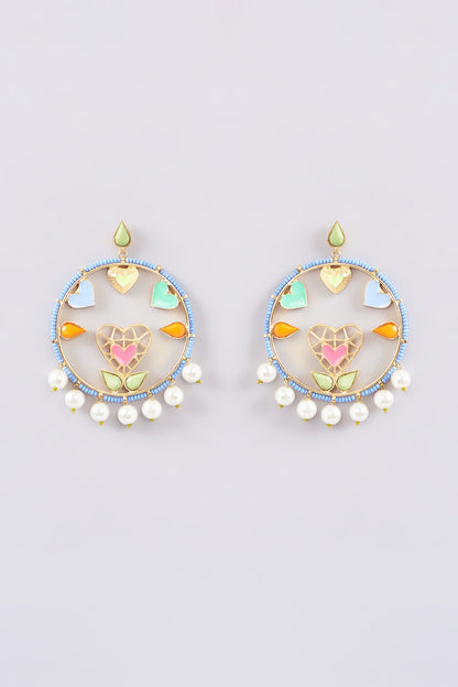 Gold Finish Multi-Colored Bead & Crystal Enameled Dangler Earrings