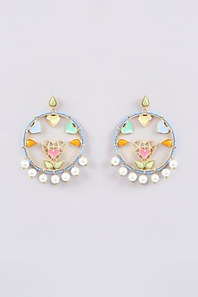 Gold Finish Multi-Colored Bead & Crystal Enameled Dangler Earrings