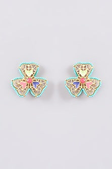 Gold Finish Multi-Colored Bead & Crystal Enameled Stud Earrings