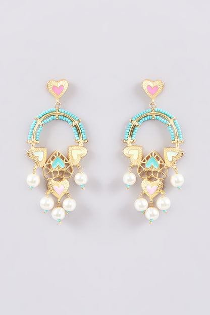 Gold Finish Multi-Colored Bead & Crystal Enameled Dangler Earrings