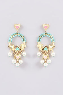 Gold Finish Multi-Colored Bead & Crystal Enameled Dangler Earrings