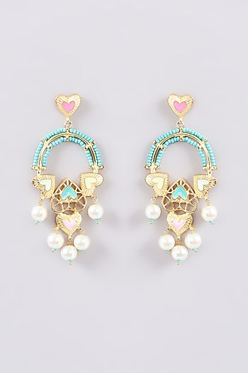 Gold Finish Multi-Colored Bead & Crystal Enameled Dangler Earrings
