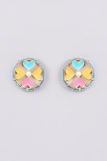 Gold Finish Multi-Colored Bead & Crystal Enameled Stud Earrings
