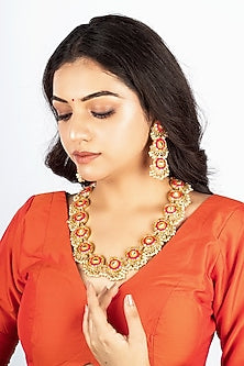 Gold Finish Mustard Yellow & Hot Pink Silk Thread Embroidered Long Necklace Set