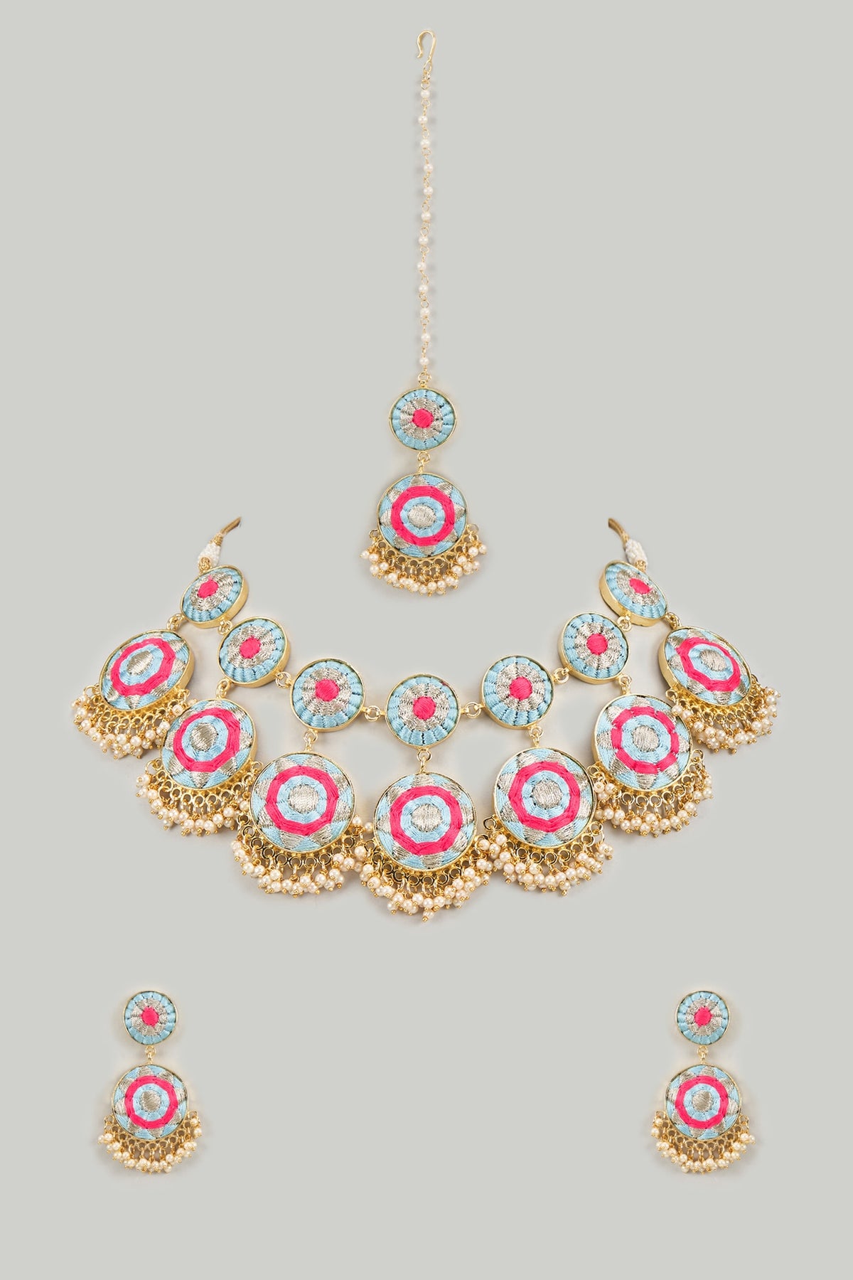 Matte Gold Finish Hot Pink Embroidered Layered Necklace Set