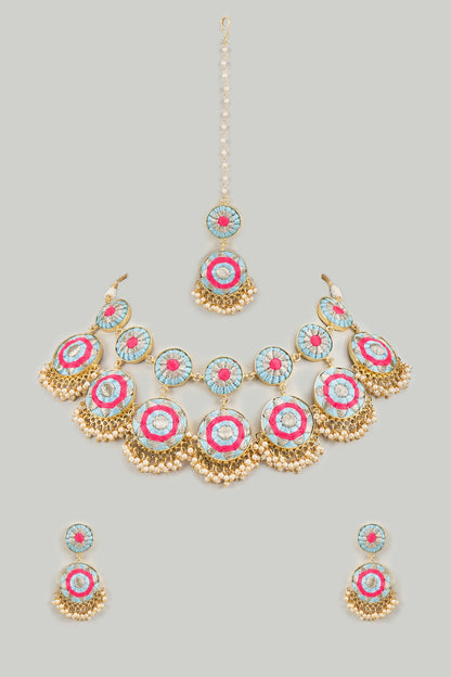 Matte Gold Finish Hot Pink Embroidered Layered Necklace Set