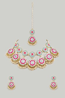 Matte Gold Finish Hot Pink Embroidered Layered Necklace Set