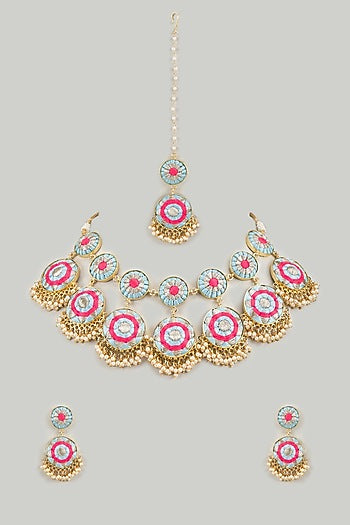 Matte Gold Finish Hot Pink Embroidered Layered Necklace Set