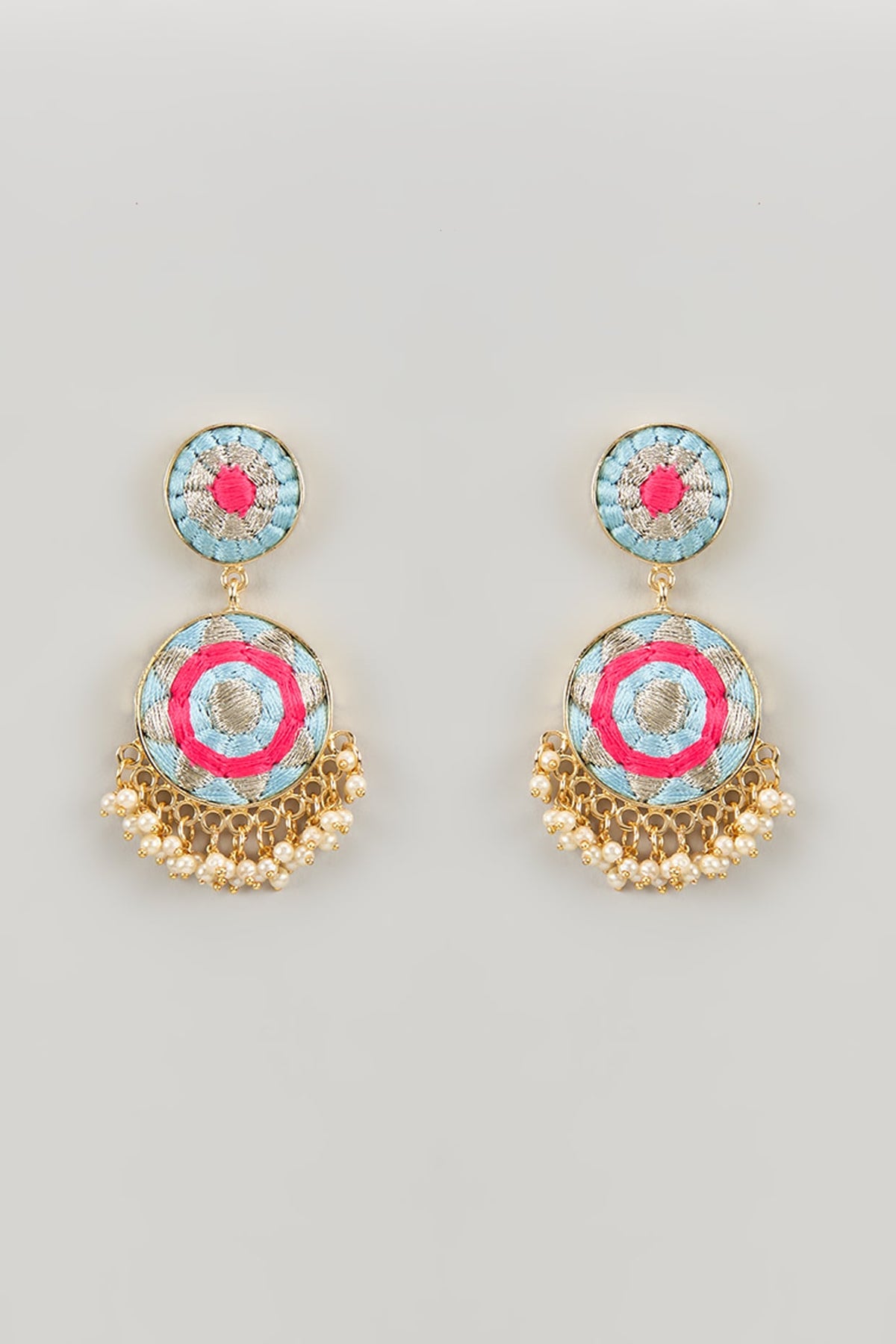 Matte Gold Finish Hot Pink Embroidered Layered Necklace Set