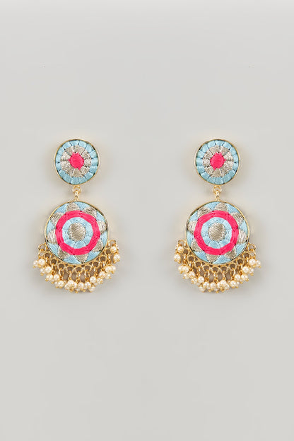 Matte Gold Finish Hot Pink Embroidered Layered Necklace Set