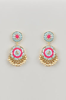 Matte Gold Finish Hot Pink Embroidered Layered Necklace Set